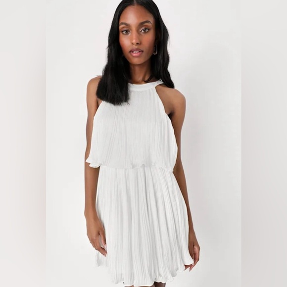 LULUS Celebrate Chic White Ruffled Plisse Halter Mini Dress Bridal - Picture 3 of 14